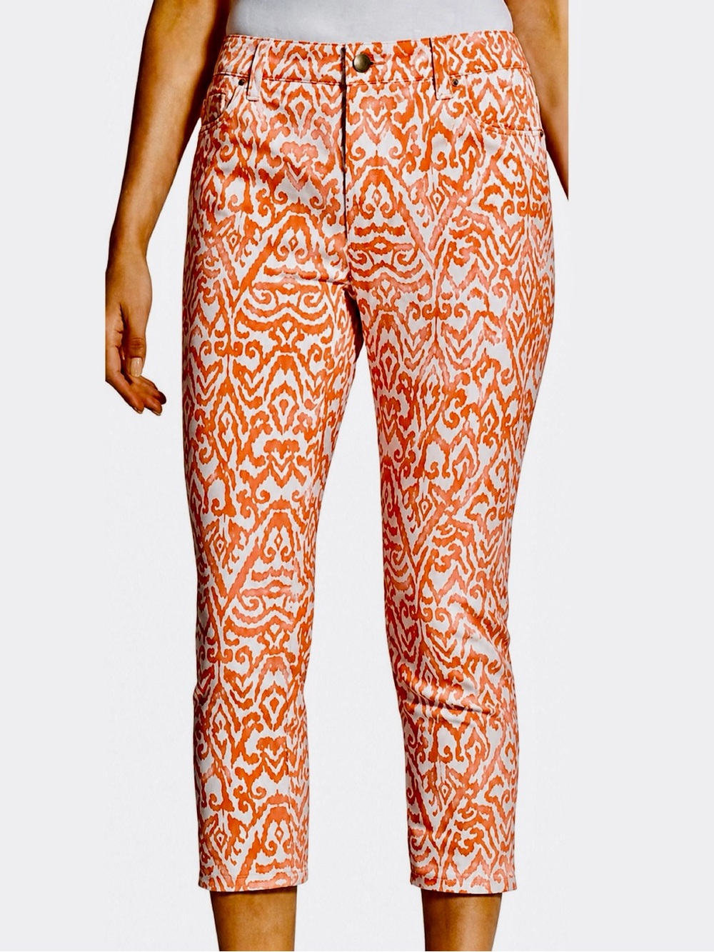 CHICO’S Platinum Crop Denim Stretch Jeans Orange & White Ikat Printed Crop Pants